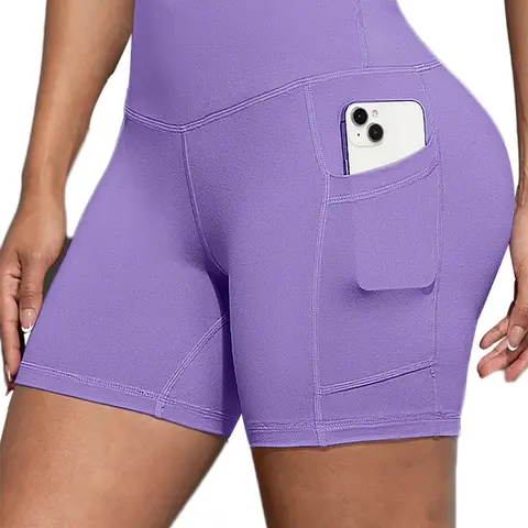 Women's Solid Pocket Gym Athletic Sport Shorts with Pocket, Casual Comfy Breathable Skinny Shorts for Yoga Gym Workout Running, Ladies Sportswear for Summer Active Wear Shorts