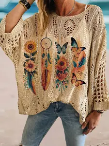 Spring and summer round neck diamond hollow batwing sleeve knitted cardigan, sunflower & butterfly print, ideal as a bikini cover-up, loose drop shoulder for a slimming look, versatile for commuting and vacation, Beach Cover Ups