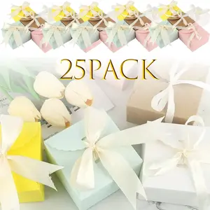 25Pcs Vintage Kraft Paper Gift Box White/Pink/Brown /Green/Yellow Biscuit Candy Packaging Bag DIY with Ribbons Birthday Wedding Party Gift Supplies - Home Improvement.