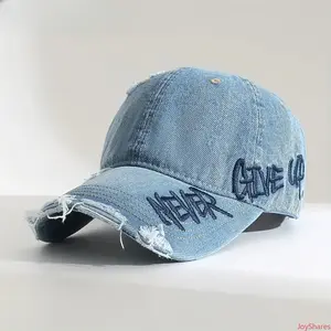 Women's Washed Retro Denim Baseball Cap With Side Letter Embroidery, Distressed Brim Adjustable Sun Hat For Outdoor Daily Wear, Unisex Wide Brim Design For Face Slimming