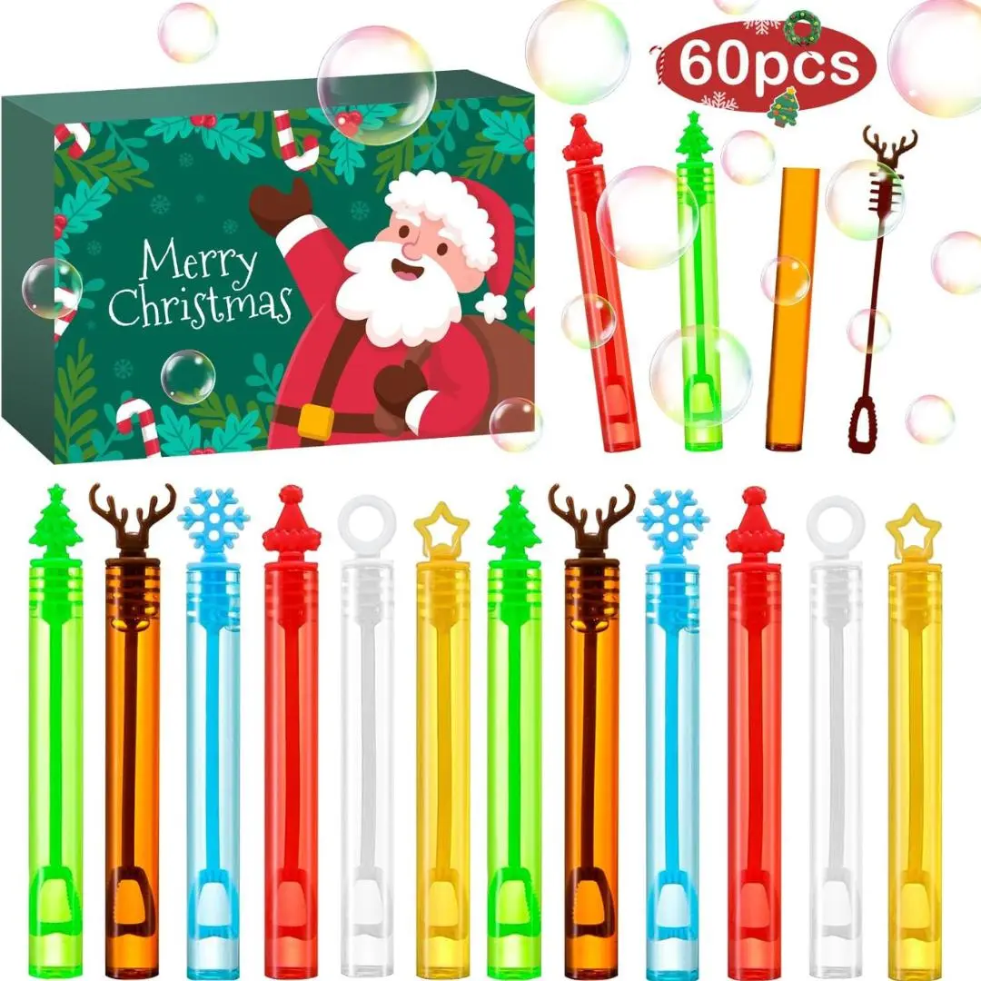 60Pcs Christmas Bubbles Party Favors for Kids, Christmas Goodie Bag Stocking Stuffers Pinata Fillers Treats, Mini Bubbles Bulk Christmas Toys Gifts for Kids Toddlers Boy Girl Classroom Carnival Prizes