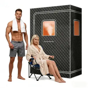 Portable Steam Sauna Tent Double Person with Thickened Silver Coated Sponge Fabric, Gray Vertical Design, Black Edging, and Enhanced Durability