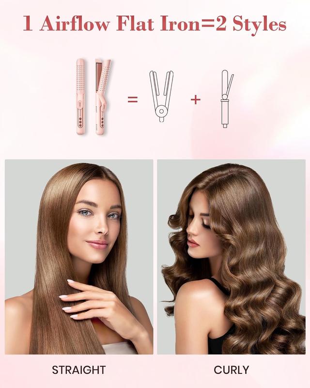 360°Airflow Styler, 1 1/2 inch Curling Wand & Hair Straightener 2 in 1 with Ionic Cool Air to Lock in Style, Titanium Flat Iron Curler in One with Dual Voltage