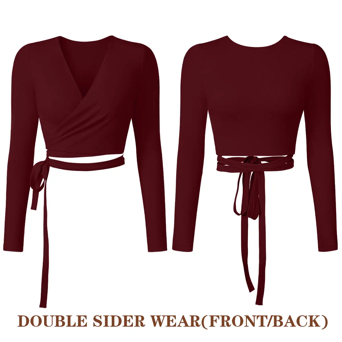 OYS Women's Fall Long Sleeve Adjustable Bandage Wrap Cross Tie Reversible Crop Top
