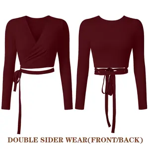 OYS Women's Fall Long Sleeve Adjustable Bandage Wrap Cross Tie Reversible Crop Top