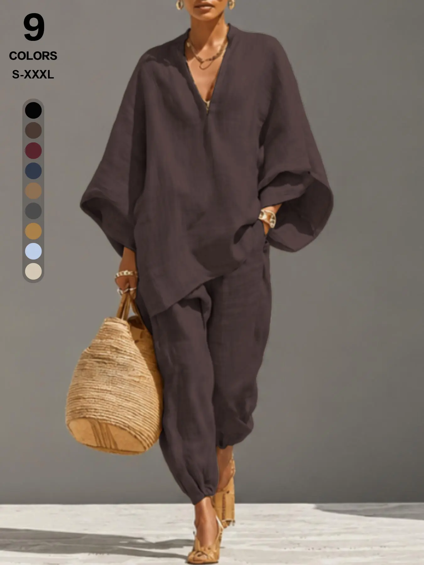 Women’s 2-Piece Matching Linen Cotton Bohemian Outfit - Batwing Long-Sleeve V-Neck Drape Tunic Top & Lantern Harem Pants Set, Plus Size Clothes for Vacation Loungewear S-XXXL