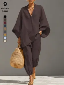 Women’s 2-Piece Linen Cotton Outfit | Oversized Short-Sleeve V-Neck Tunics Top & Harem Pants Set | Casual Loose-Fit Vacation Loungewear Sizes S–XXXL