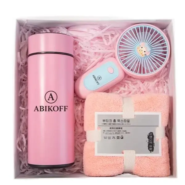 ABIKOFF Pink Travel Essentials Set - Fan Vacuum Flask, Washcloth for On-the-Go Convenience, Ideal for Travel & Everyday Use