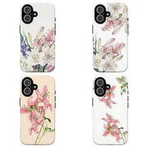 FL-Cream Base Floral Pink Lily Phone Case,White & Beige Background with Pink and White Lilies Protective Cover For iPhone 11 12 13 14 15 16 17 Air Pro Max for Samsung S26 S25 S24 S23 S22 S21 Case,Gift for her/him