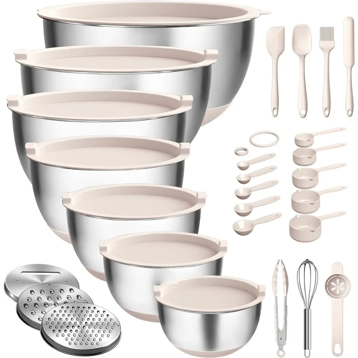 [New Deal] LIMITLESS 27-Piece Stainless Steel Mixing Bowl Set with Lids, Graters & Non-Slip Base – Kitchen Utensils & Tools Tableware Cooking Containe