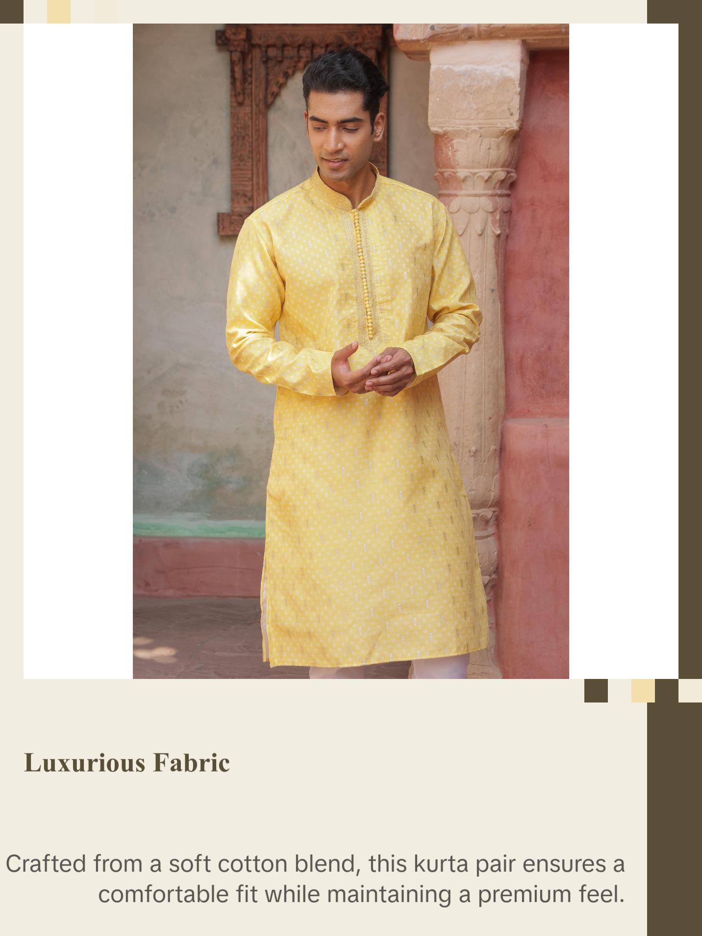 Men Elegant Yellow Kurta Set - Traditional Indian Wear - Festival and Wedding wear