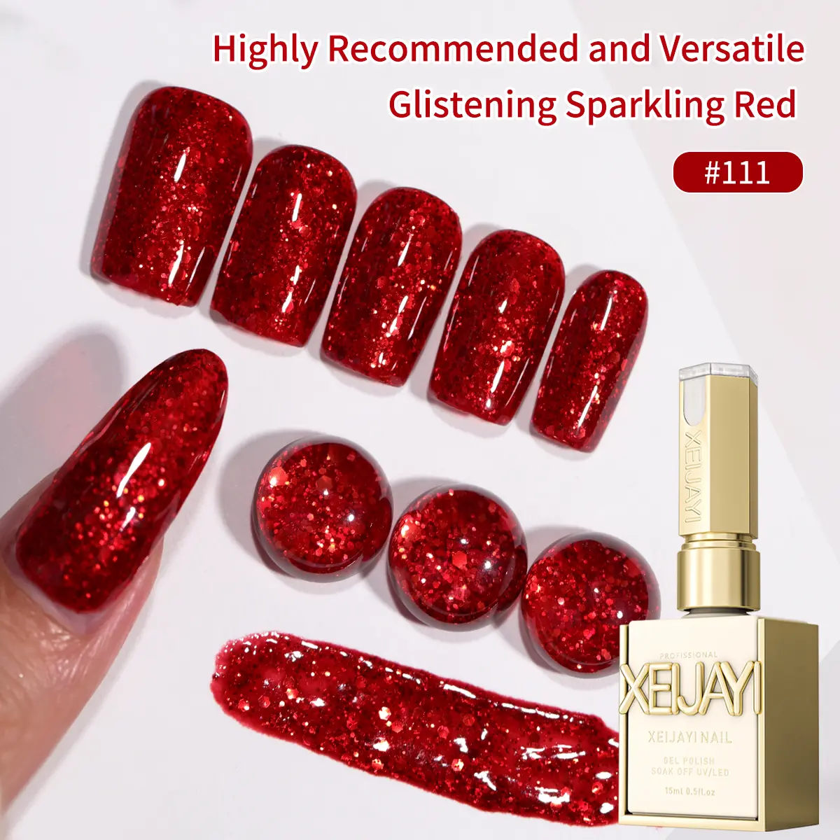 XEIJAYI 1PC 15ML 【TPO&HEMA Free】M111 Red Glitter Nail Gel Polish, Sparkling Alcohol-Free Soak Off Gel, Patting Glue for Gradient Effect, DIY Nail Art Design Supplies, LED & UV Compatible, Nail Care, Uv Nail Gel