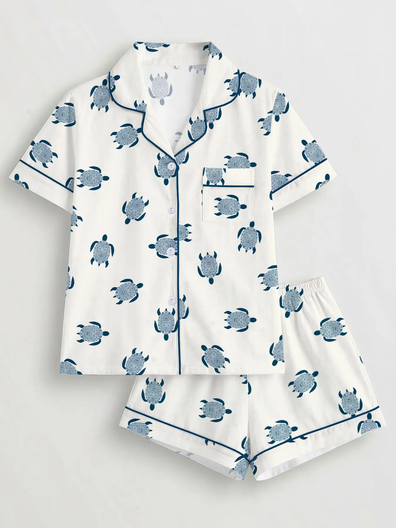 Women's 2-Piece Pajama Set, Summer Ocean Theme Turtle Print, Casual Fitted Sleepwear Loungewear Pajamas Lounge Set, Comfortable Short Sleeve Top & Elastic Shorts