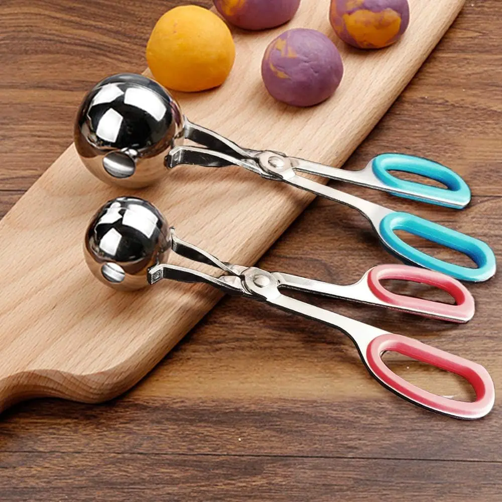 2 PCS None-Stick Meatball Maker with Detachable Anti-Slip Handles, Stainless Steel Meat Baller Tongs, Cake Pop Roller, Ice Tongs, Cookie Dough Scoop for Kitchen (1.38"&1.78")