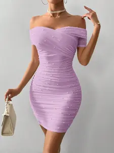 Lilac Mini Dress: Ruched Bodycon for Women, Open Shoulder Evening Party Dress