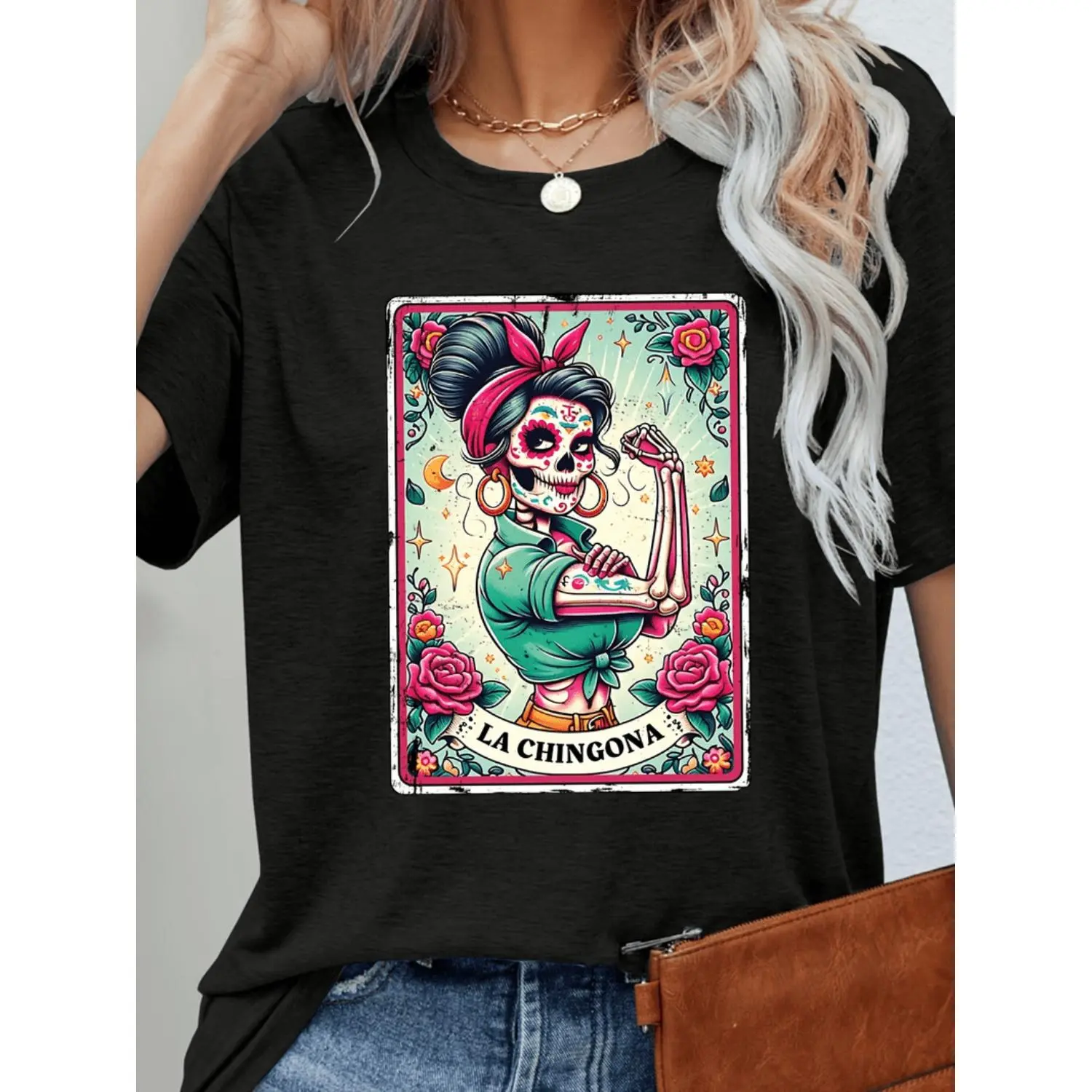 Women's La Chingona Tarot Print Tshirt - Vibrant Mexican Folk Art Skeleton & Floral Design, Semi-Sheer Shortsleeve Round Neck Casual Top, Machine Washable Lightweight All-Season Comfort Spring Outfit Bold Graphic Tee