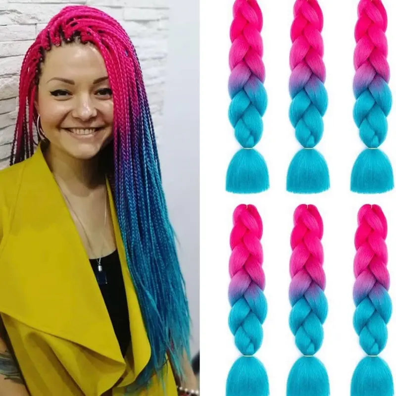 1pcs Ombre Braiding Hair B41 24 Inch Colorful Jumbo Extension Nature Synthetic Peach Pink to Lake Blue 1piece per pack for Stylish Braids