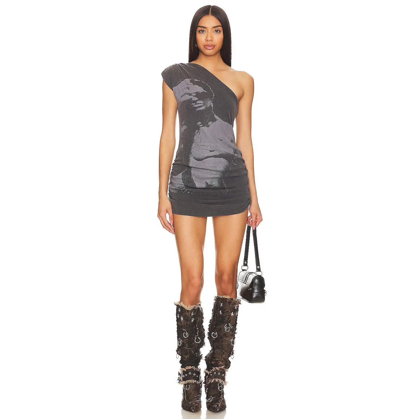 Jaded London One Shoulder Graphic Dress in Black Multi
