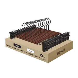 12-Pack Heavy Duty Metal Wide Shoulder Hangers with Beech Wood Pants Bar, Welded Suit Hangers with Ergonomic Shape for Jackets, Coats & Trousers