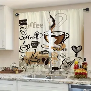 2pcs Contemporary Coffee-Themed Blackout Curtains - Machine Washable Polyester, Rod Pocket Design for Easy Hanging - Ideal for Kitchen, Living Room, Office, Bedroom, Cafe - Stylish Graphic Print Drapes, Vacation Home, Printed Curtains panel set darkening