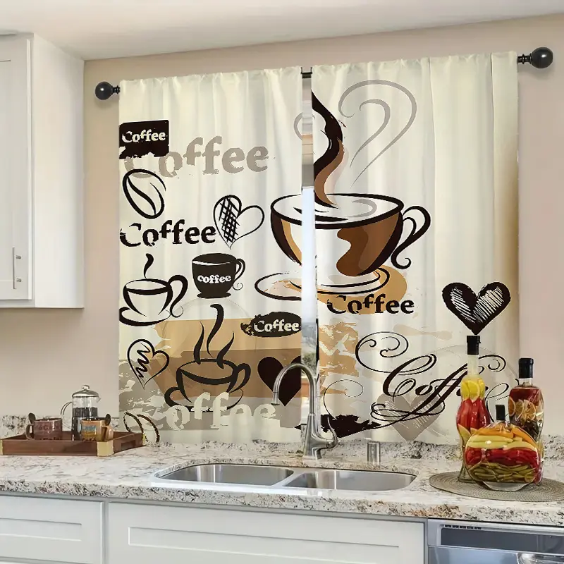 2pcs Contemporary Coffee-Themed Blackout Curtain Panel Set - Machine Washable Polyester, Rod Pocket Design for Easy Hanging, Stylish Graphic Print Darkening Drapes - Home Textile, Interior Decoration Accessories for Kitchen