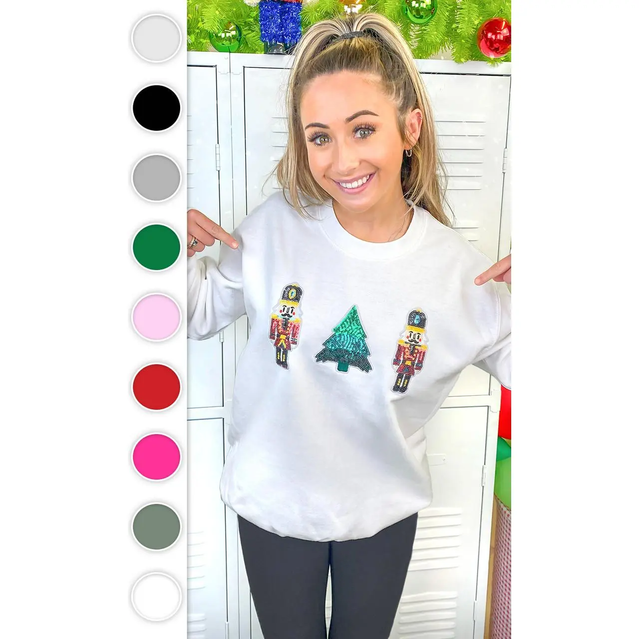 Tees2urdoor Women's Sequin Nutcracker Sweatshirt, Casual Longsleeve Christmas Party Pullover, Soft Cotton Blend with a Unisex Fit, Fits, Garment, Longsleeves, Basic, Graphic, Thanksgiving, Top, Lady, Fitted