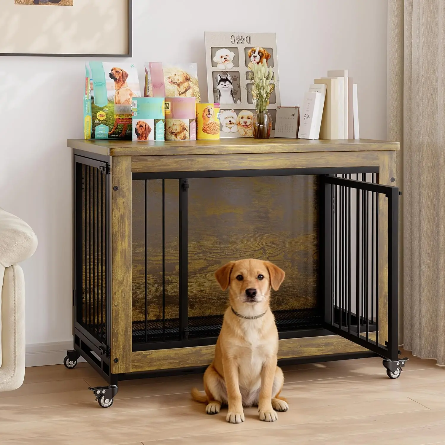 Garvee Heavy Duty Wooden Dog Crate Furniture – 3 Doors, Locking Wheels, Removable Tray, Easy to Clean – Modern Rustic Indoor Pet Kennel End Table for Small & Medium Dogs – Durable Metal Frame, Secure & Ventilated Design