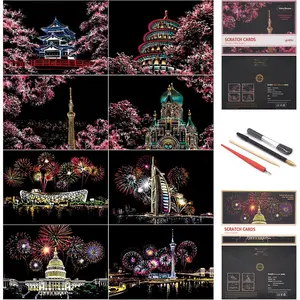 Scratch Painting Rainbow Paper by , Sketch DIY Art Craft City Series Night View Creative Gift, Scratchboard for Adults and  ,Craft Kits with 4 Tools (A4- 8pack)