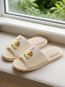 Cute Bee & Flower Print Whimsical Breathable Linen Slippers, Non-slip Casual Lightweight All Season House Shoes for Women Men Family Daily Home Wear