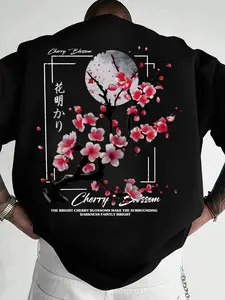 Men's Japanese Style Cherry Sakura Moon Short Sleeve Graphic T-Shirt, Soft Skin-Friendly, Breathable Sweat-Absorbing, Loose Fit, Streetwear