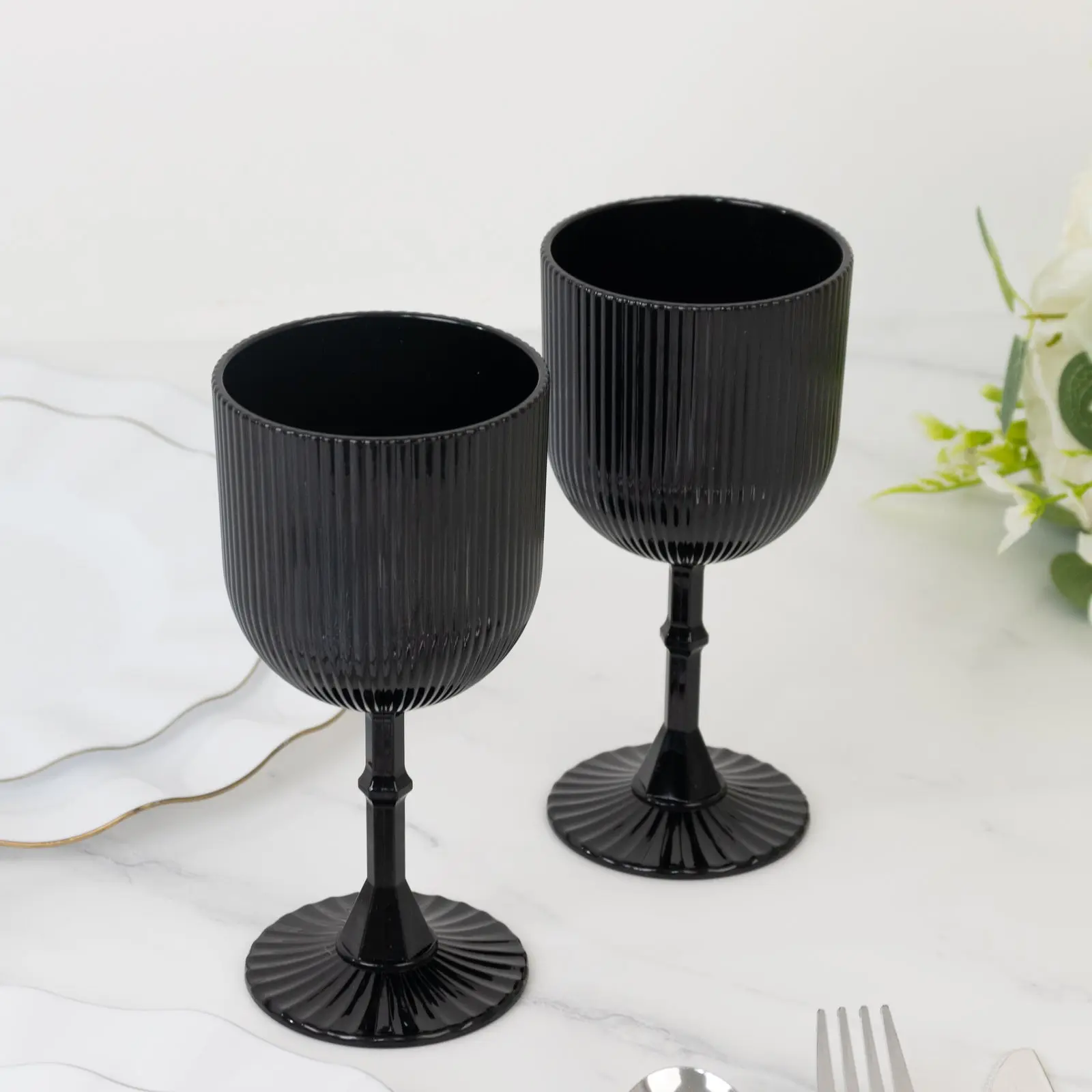 12-Pack Black Plastic Wine Glasses 9oz, Vintage Ribbed Pattern - Reusable Shatterproof Goblets