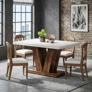47 Inch White Oak Tone Dining Table Heavy Duty Pedestal Stable MDF Dinner Table Multipurpose Industrial Style Eating Table For Kitchen Dining Room Home Breakfast Nook
