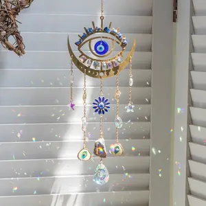 Evil Eye Celestial Suncatcher Hanging Ornament, Boho Decor with Natural Crystals and Stones, Perfect for Window, Bedroom, Living Room, Gift