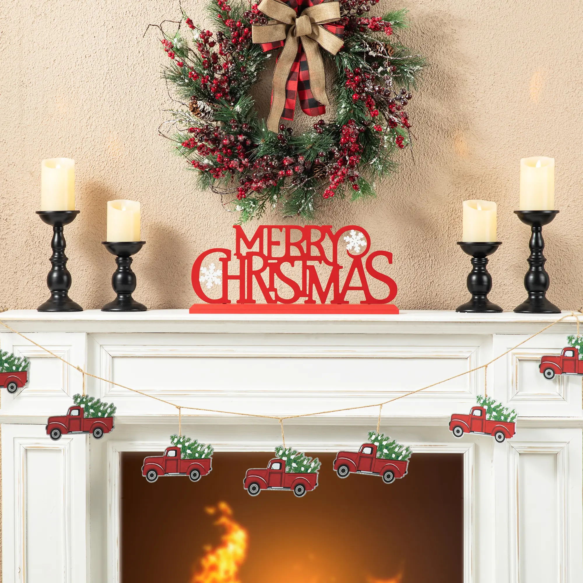 Glitzhome 18 In Wooden & Metal Standing Christmas Decoration - Durable Characters, Modern Irregular Design, Easy Setup Indoor Home Table Decor, Merry Christmas Characters, Narrow Shelf