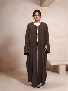 Women's Solid Color Tie Front Open Front Robe, Casual Long Sleeve Long Dress for Daily Wear, Ladies Islamic Clothing for All Seasons, Modesty Muslim Clothing, Muslim Women Gowns