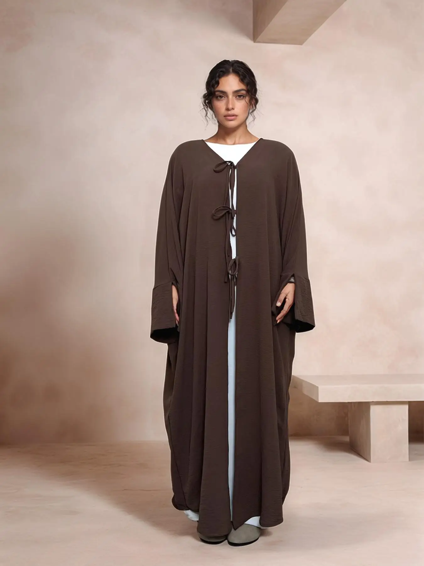 Women's Solid Color Tie Front Open Front Robe, Casual Long Sleeve Long Dress for Daily Wear, Ladies Islamic Clothing for All Seasons