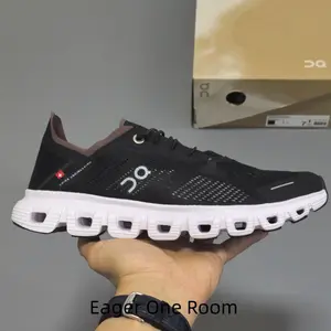 Black white lightweight cloud mesh running sneakers with brown trim segmented foam cushioned two-tone anti-slip rubber outsole for men women daily jogging gym commute casual sports shoes
