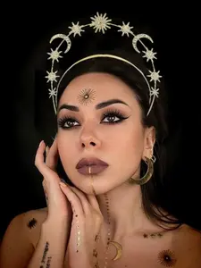 Fashion Sun Goddess Double Layer Headband, Six-Point Star Moon Alloy Crystal Hair Clip, Baroque Crown Hair Accessory Jewelry, Elegant Crown Design