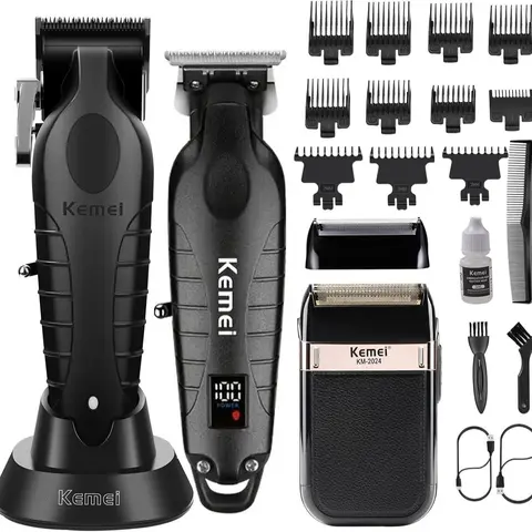 KEMEI Cordless Hair Clipper for Men - USB Rechargeable Clipper, Ergonomic Professional Barber Equipment, 0-Gap Trimmer, LED Display, 11 Guide Combs, Brush, Haircut Gift for Birthday Father's Day