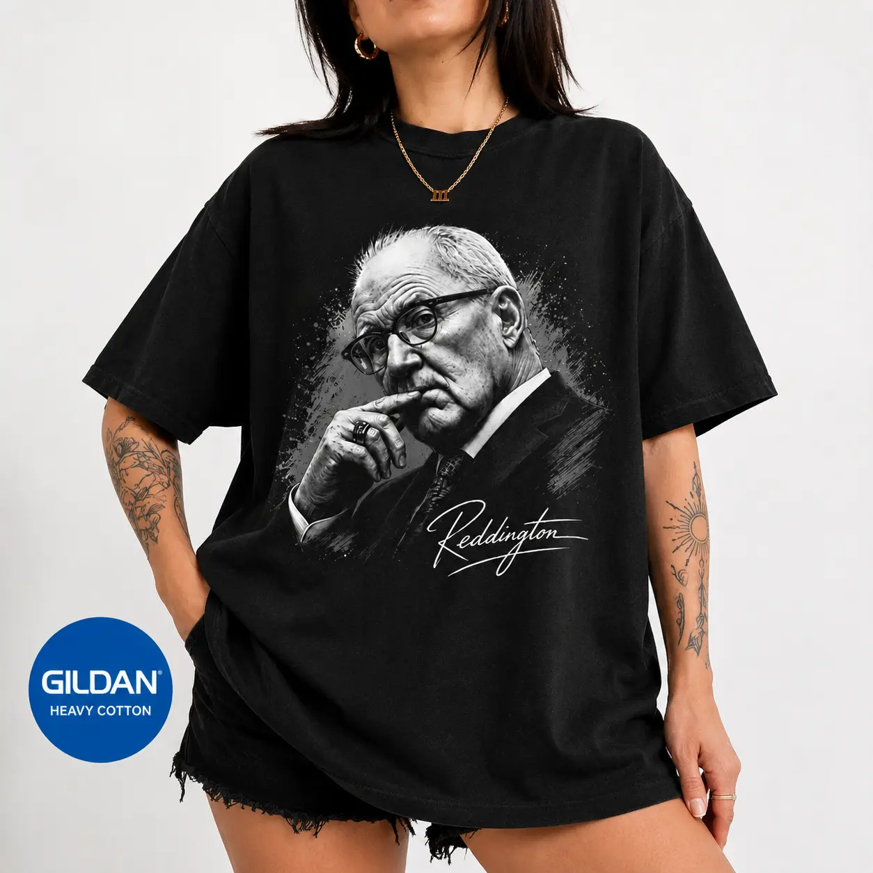 Men's Oversized Fit Round Neck Short-Sleeve Black Cotton Graphic Print T-Shirt - Reddington Portrait, Classic Crime Drama Inspired Unisex Fan Gift, Chinese New Year Top