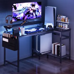 L Shaped Computer Desk with Monitor Stand, LED Lights & Power Outlets, Corner Gaming Desk with Storage Shelf, Home Office Study Desk