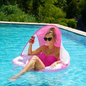 Floating Water Lounge Chair with Canopy – Inflatable Pool Float for Adults, PVC U-Shaped Recliner with Removable Sunshade, Lounger for Lake Pool Beach