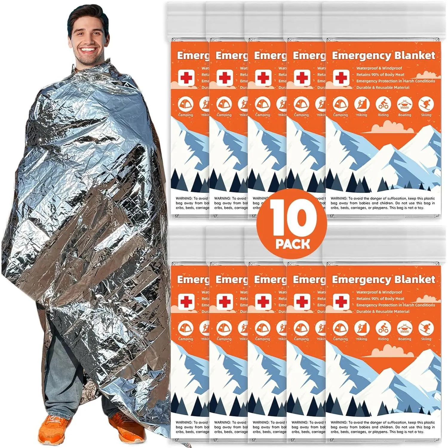 10 Pack Emergency Thermal Blanket , Mylar Blankets for Outdoor, Space Blanket, Silver Foil for ,  Kit Camping Blankets, Body Warmer, , Hiking 84" x 52"