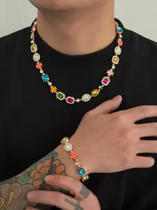 Sweet Cool Colorful Gemstone Necklace Bracelet Set, Cross Element Contrast, Y2K Fashion Jewelry, Festival Party Accessory, Matching Jewelry Set