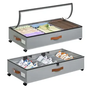 Under Bed Storage with Wheels, 2 Pack Under Bed Storage Containers With Adjustable Dividers Clear Window Folding Bed Shoes Clothes Organizer for Clothes Shoes Blankets