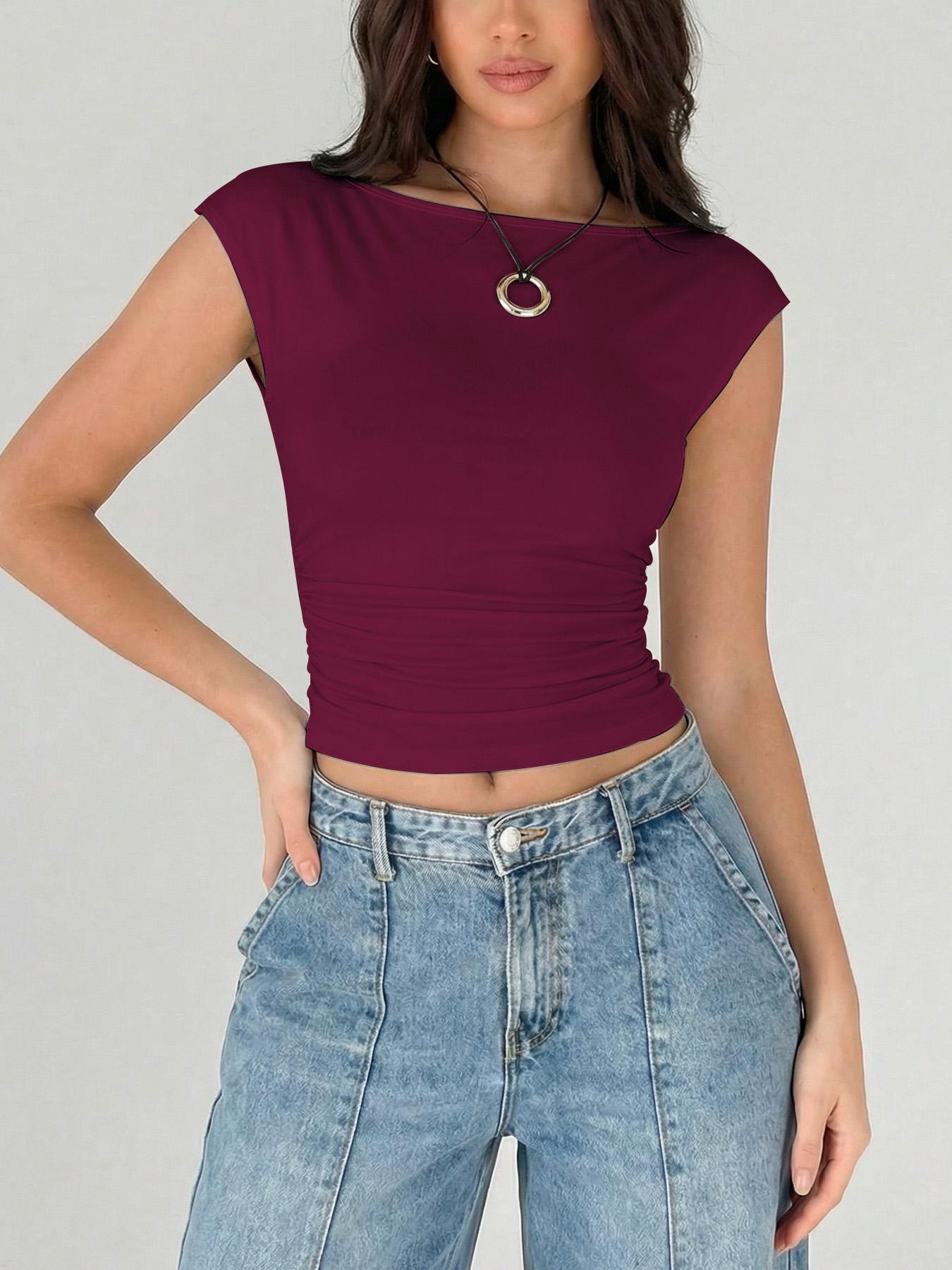 TFNOSIZ 3-Pack — Women’s knit crewneck slim-fit ruched T-shirt set; a wardrobe essential for layering; casual home wear; simple, breathable, comfortable, fashionable apparel