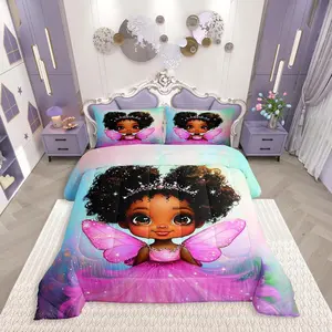 Black Girls Magic Comforter Set,for Kids Boys Girls,African American Bedding Set,Princess with Wings Quilt Set,Rainbow Duvet Set for All Season