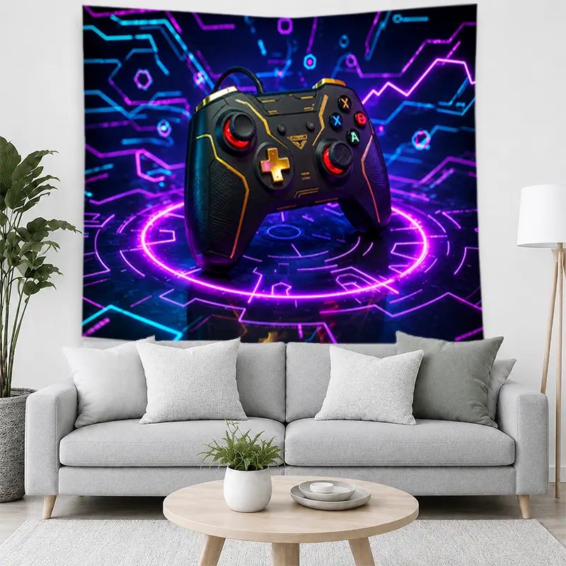 Neon Gaming Controller Tapestry - Purple-Blue-Black Cyberpunk Wall Hanging, Futuristic Video Game Fabric Wall Art for Bedroom, Living Room, Ideal Home Decor Gift