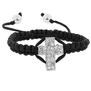 Unisex Religious Cross Charm Bracelet - Alloy CZ, 7.5-9.5 in Adjustable Fit Macrame Band, Black Cord Design, Fashion Costume Jewelry Accessory