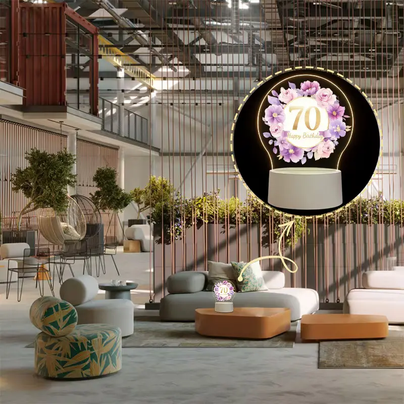 Floral Wreath Acrylic LED Table Lamp, Happy 70th Birthday Decor Light, Sentimental 70 Years Old Birthday Gifts for Women Men, USB Powered Bedroom Desktop Decor Lighting